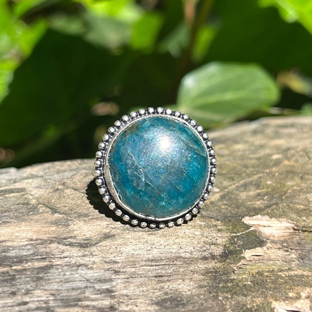 Size 8.5 926 silver plated apatite ring round‎